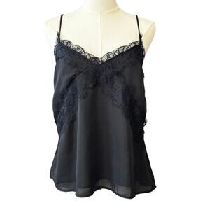 New LUSH NORDSTROM Black Lace Trim V-neck Chiffon Camisole Size M